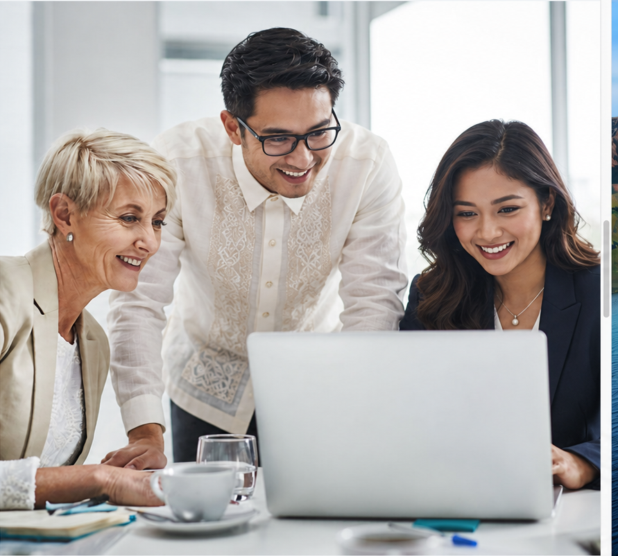 Filipino woman lawyer in a corporate suit and Filipino man lawyer in a Barong Tagalog consulting with a client