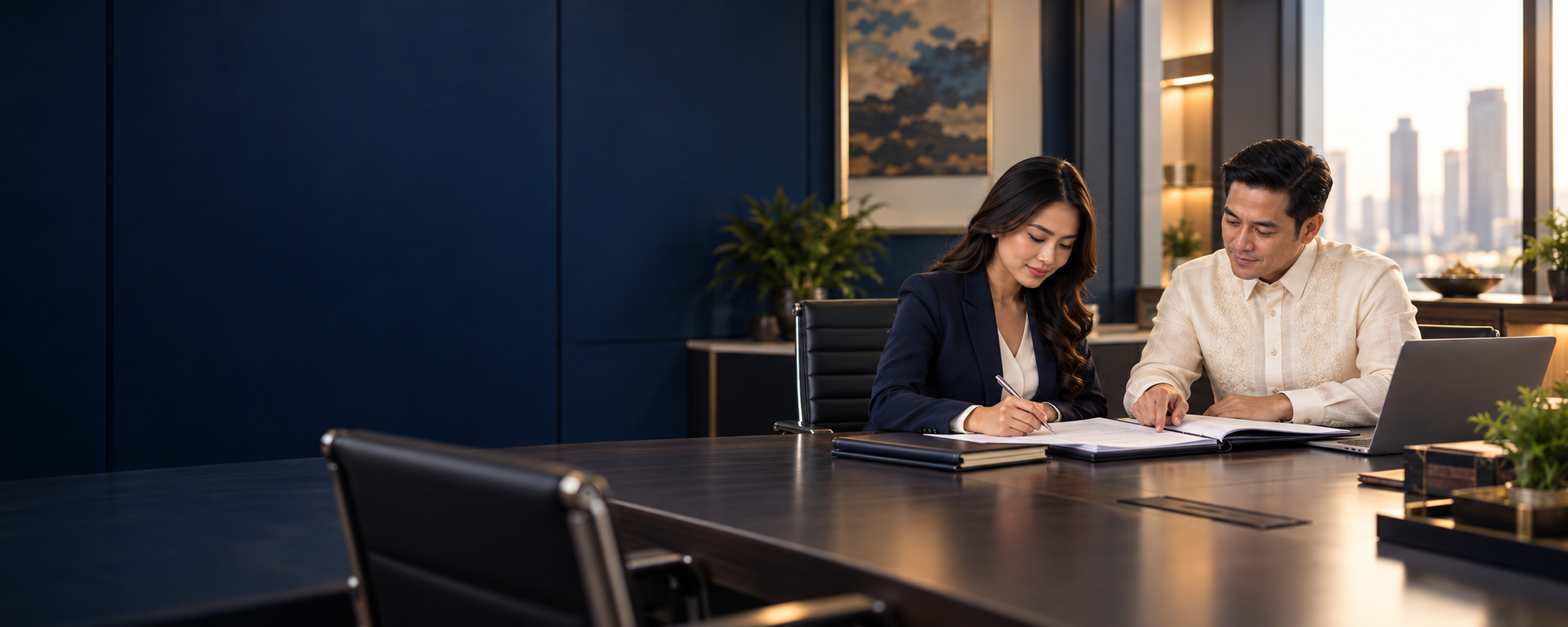 Filipino woman in corporate attire and man in a Barong Tagalog reviewing documents together.