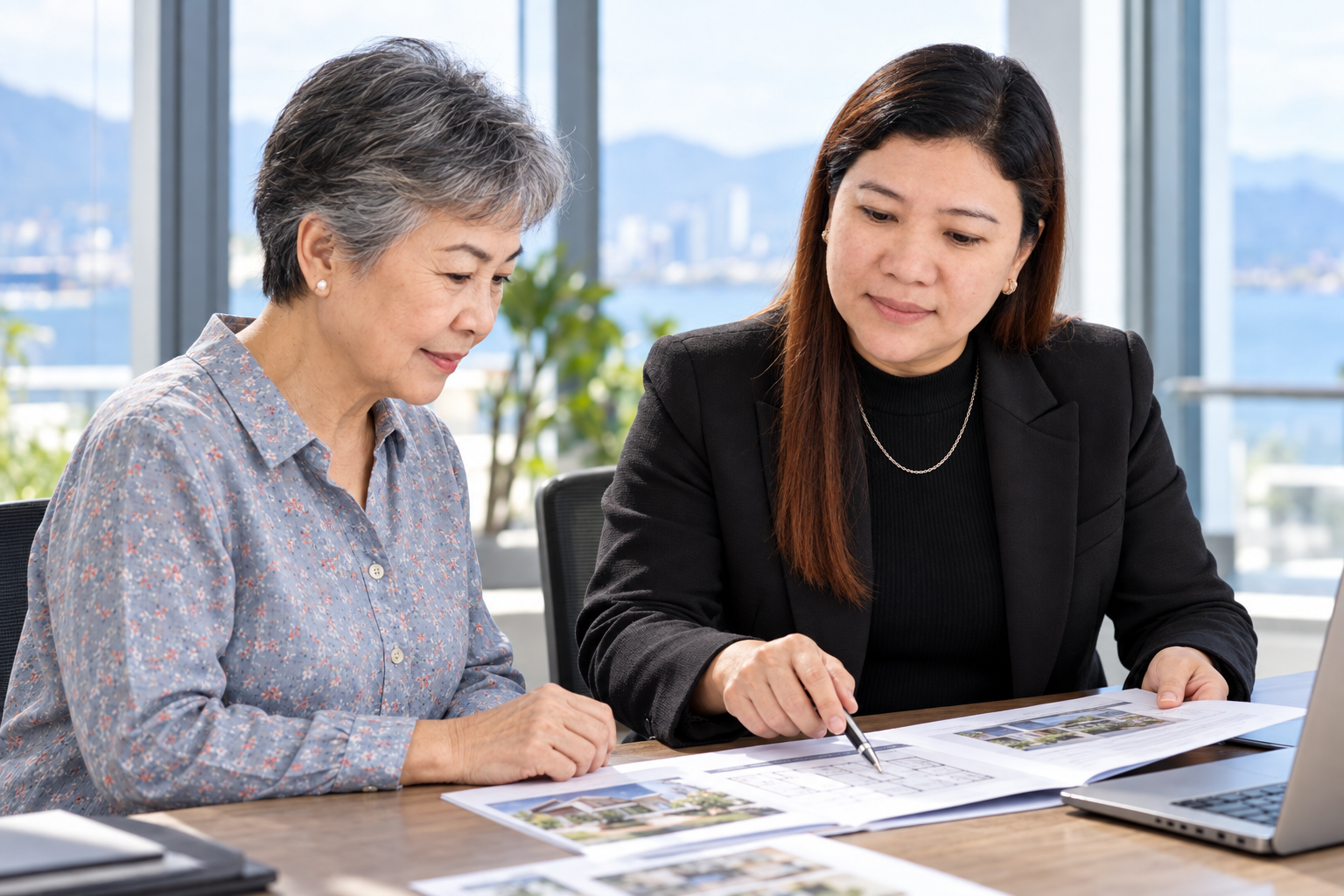 Kathy Cedeño in her black corporate coat reviewing property documents with an older client