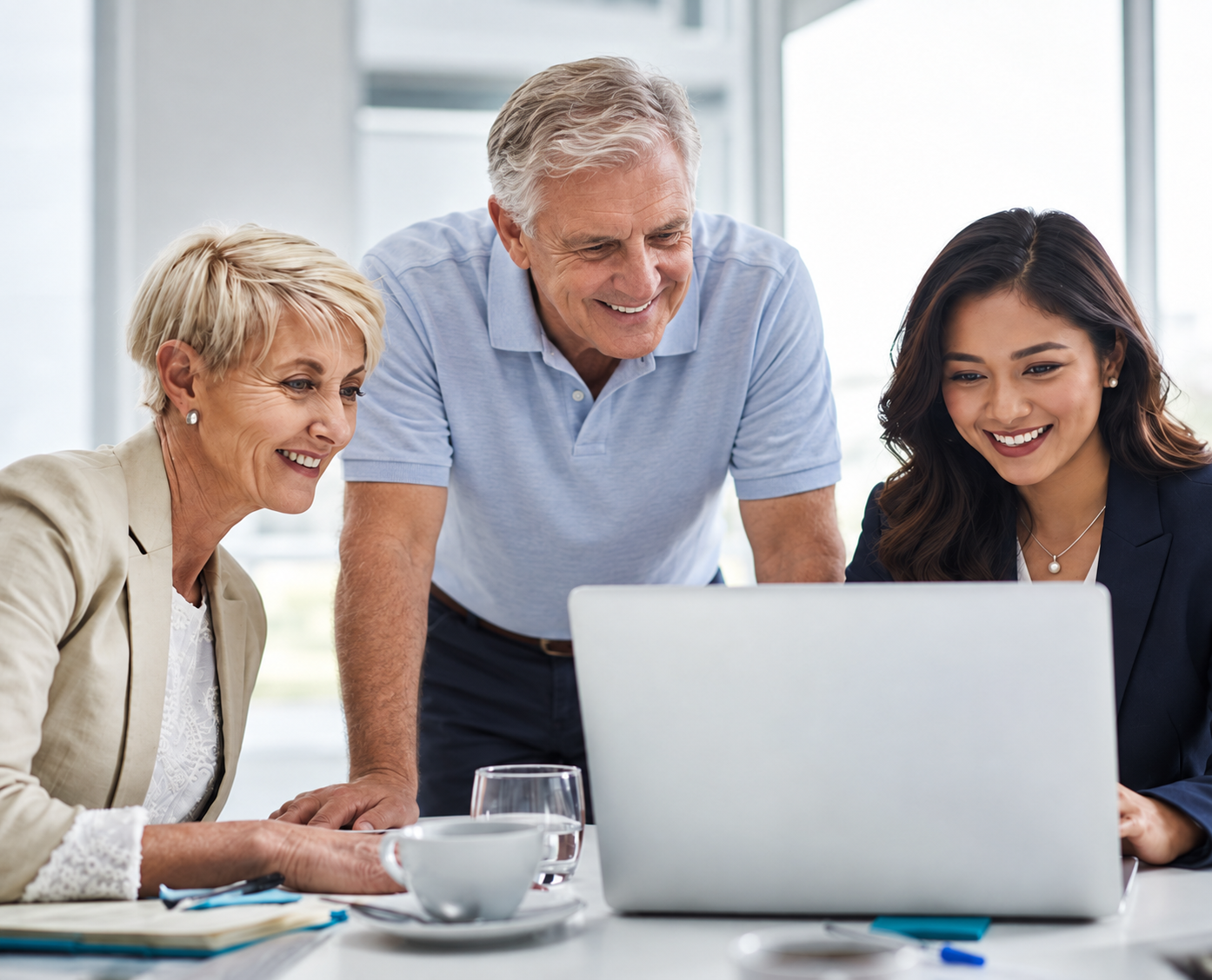 Retired couple reviewing information with a Filipino woman adviser